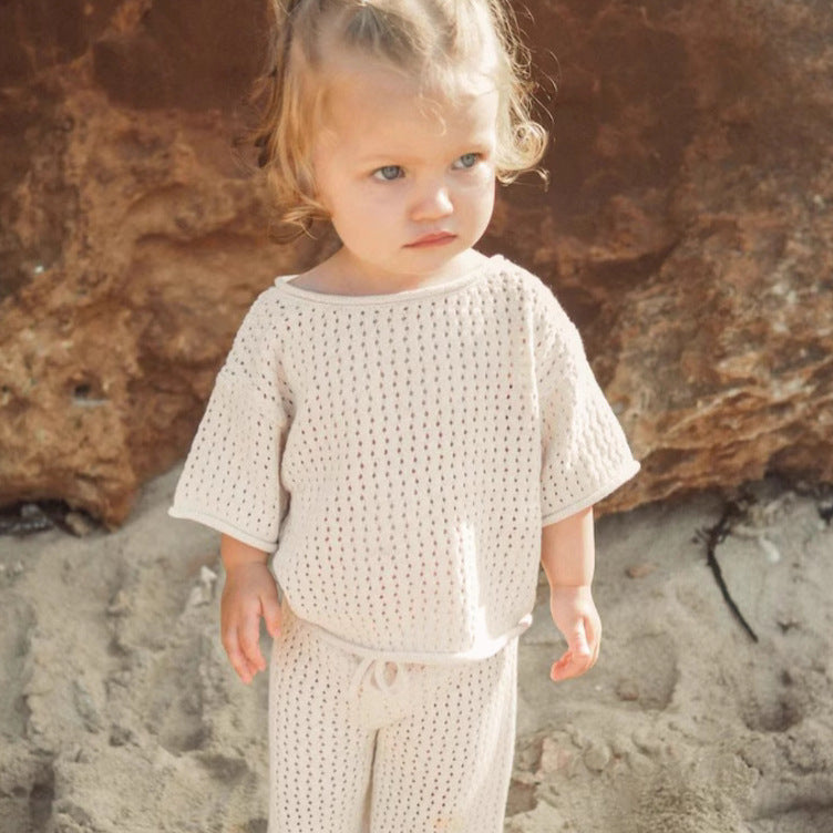 Summer Hot Selling Baby Kids Short Sleeves Plain Hollow-out Knitted Top and Pants Casual Clothing Set, MyKids-USA®, Baby & Toddler Outfits, MyKids-USA -  -  -  -  -  -  - 