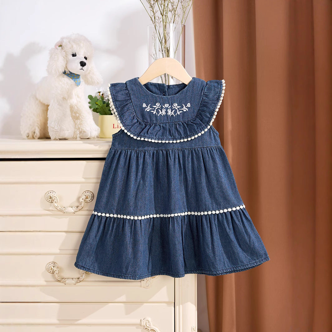 MyKids-USA Baby Kids Girls Denim Sleeveless Flowers Pattern Embroidered Dress 130 (7-8Y) / Blue