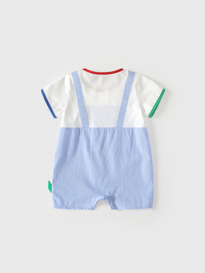 Summer Arrival Baby Boys Short Sleeves Cartoon Pattern Color Patchwork Rompers Bodysuits