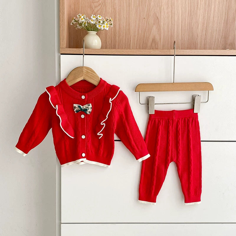 Arrival Autumn Baby Girls Long Sleeves Color Patchwork Jacquard Pattern Knitted Top Cardigan and Long Trousers Clothing Set, MyKids-USA®, Baby & Toddler Outfits, MyKids-USA - Size/Age - 66 (3-6M) - Color - Red -  -  - TR2507132118-B
