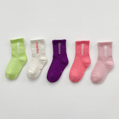 Baby Solid Color Letter Print Pattern Mid-Tube Socks 1bag=5pairs