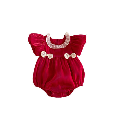 Summer New Arrival Baby Girls Short Sleeves Crew Neck Red Color White Bows Princess Onesie