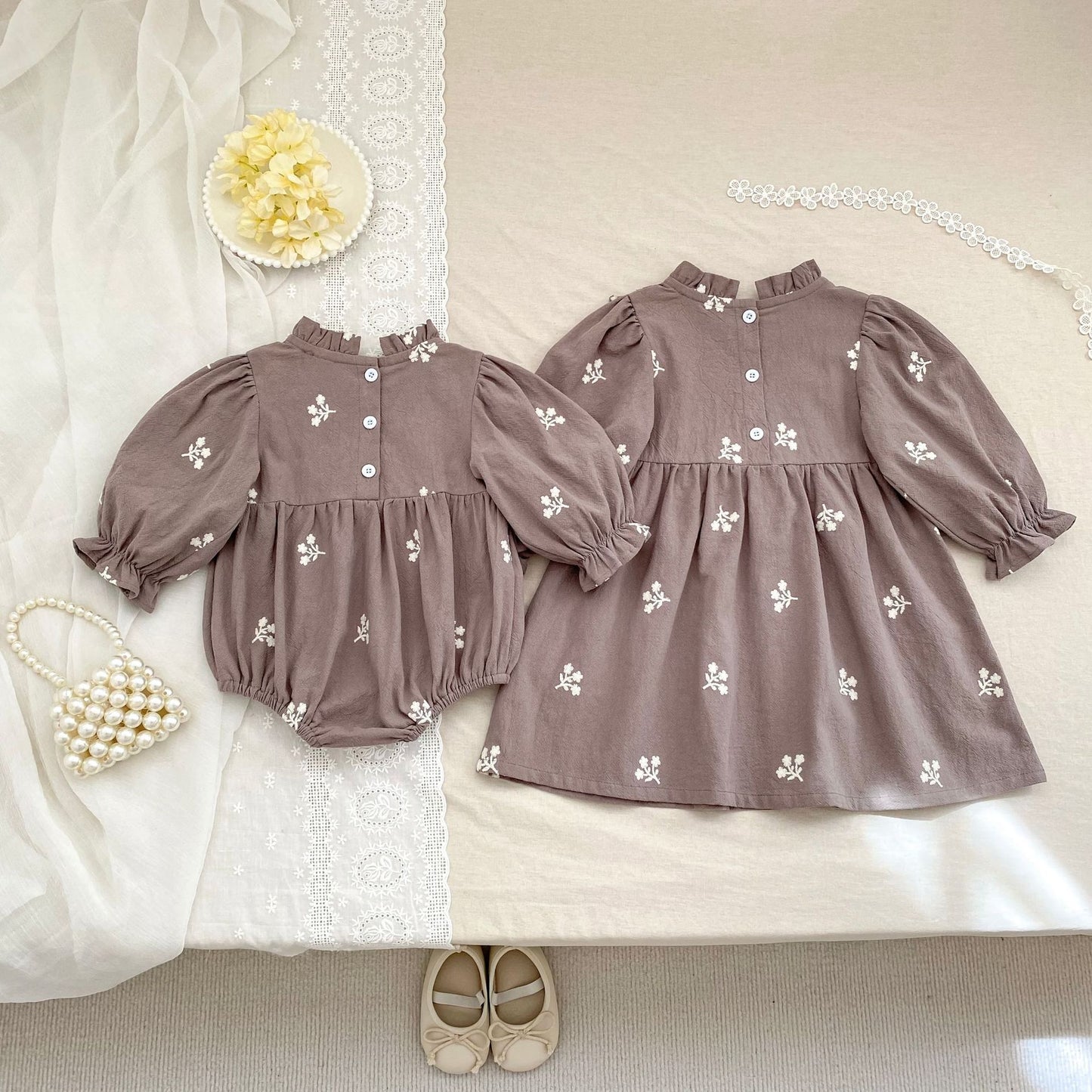 Arrival Spring and Autumn Flowers Embroidered Pattern Baby Kids Girls Onesies and Dress – Princess Sister Matching Set