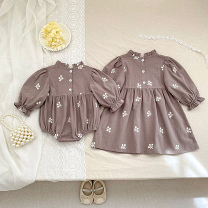 Arrival Spring and Autumn Flowers Embroidered Pattern Baby Kids Girls Onesies and Dress – Princess Sister Matching Set