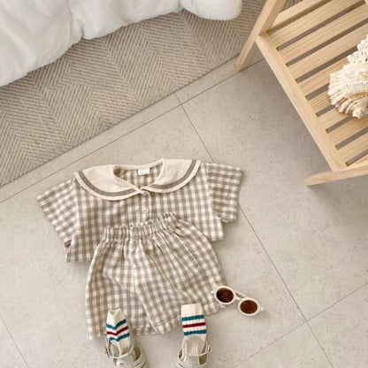 Summer Baby Kids Unisex Plaid Casual Navy Collar T-Shirt And Shorts Clothing Set