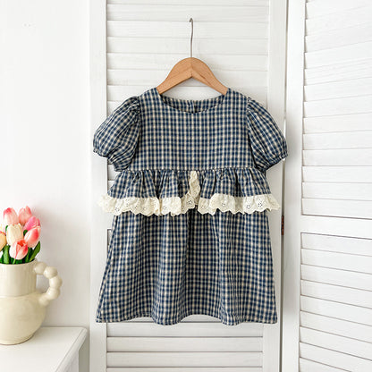 New Design Summer Baby Kids Girls Plaid Short Sleeves Crew Neck Onesies And Girls’ Dress – Princess Sister Matching Set