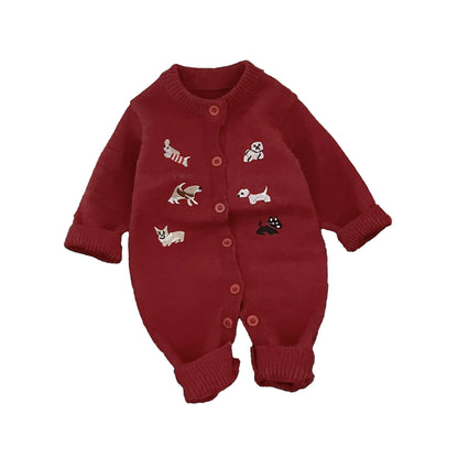 Autumn and Winter Arrival Baby Kids Unisex Puppy Cartoon Embroidery Pattern Long Sleeves Casual Rompers