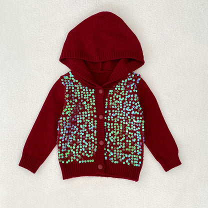 Autumn Arrival Baby Girls Comfortable Sequins Decorated Knitted Long Sleeves Cardigan with Hood, MyKids-USA®, Cardigans, MyKids-USA - Size/Age - 66 (3-6M) - Color - Red -  -  - TR2507092108-B