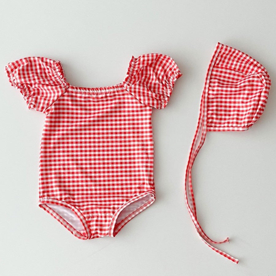 Arrival Girls’ Plaid and Dots Pattern Swimwear with Hat Set, MyKids-USA®, Baby & Toddler Swimwear, MyKids-USA - Size/Age - 66 (3-6M) - Color - Red -  -  - TR2605282245-B.