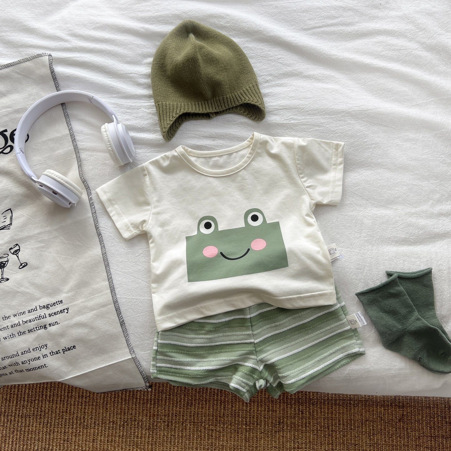 Summer Baby Kids Boys Cute Cartoon Frog Pattern T-Shirt And Striped Shorts Clothing Set
