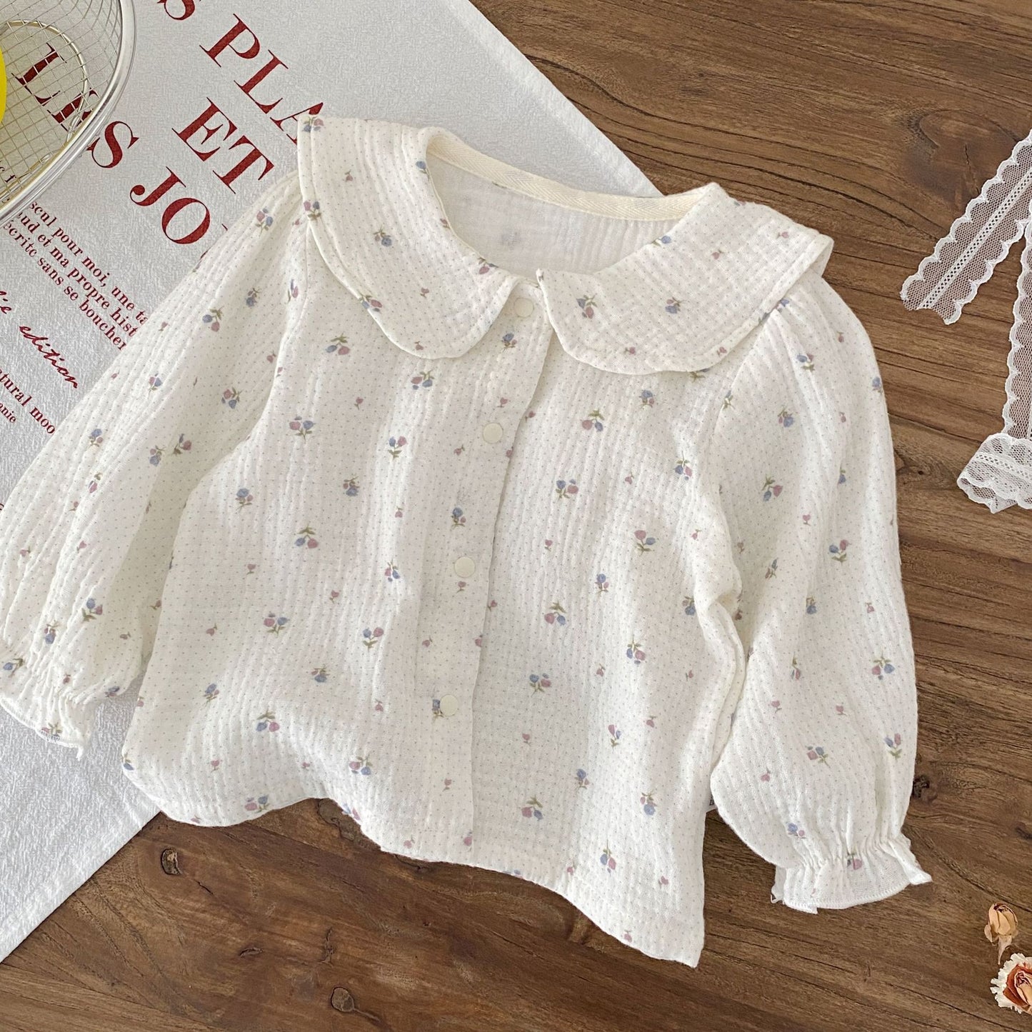 Spring and Autumn Baby Kids Girls Long Sleeves Floral Pattern Top and Pink Sleeveless Hollow-out Rompers Clothing Set