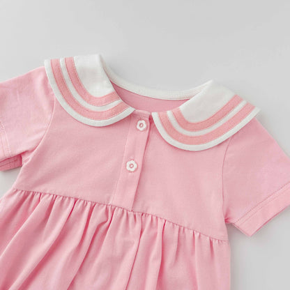 Summer Arrival Baby Girls Cute Preppy Short Sleeves Color Patchwork Onesies with Navy Collar, MyKids-USA®, Baby One-Pieces, MyKids-USA -  -  -  -  -  -  - 