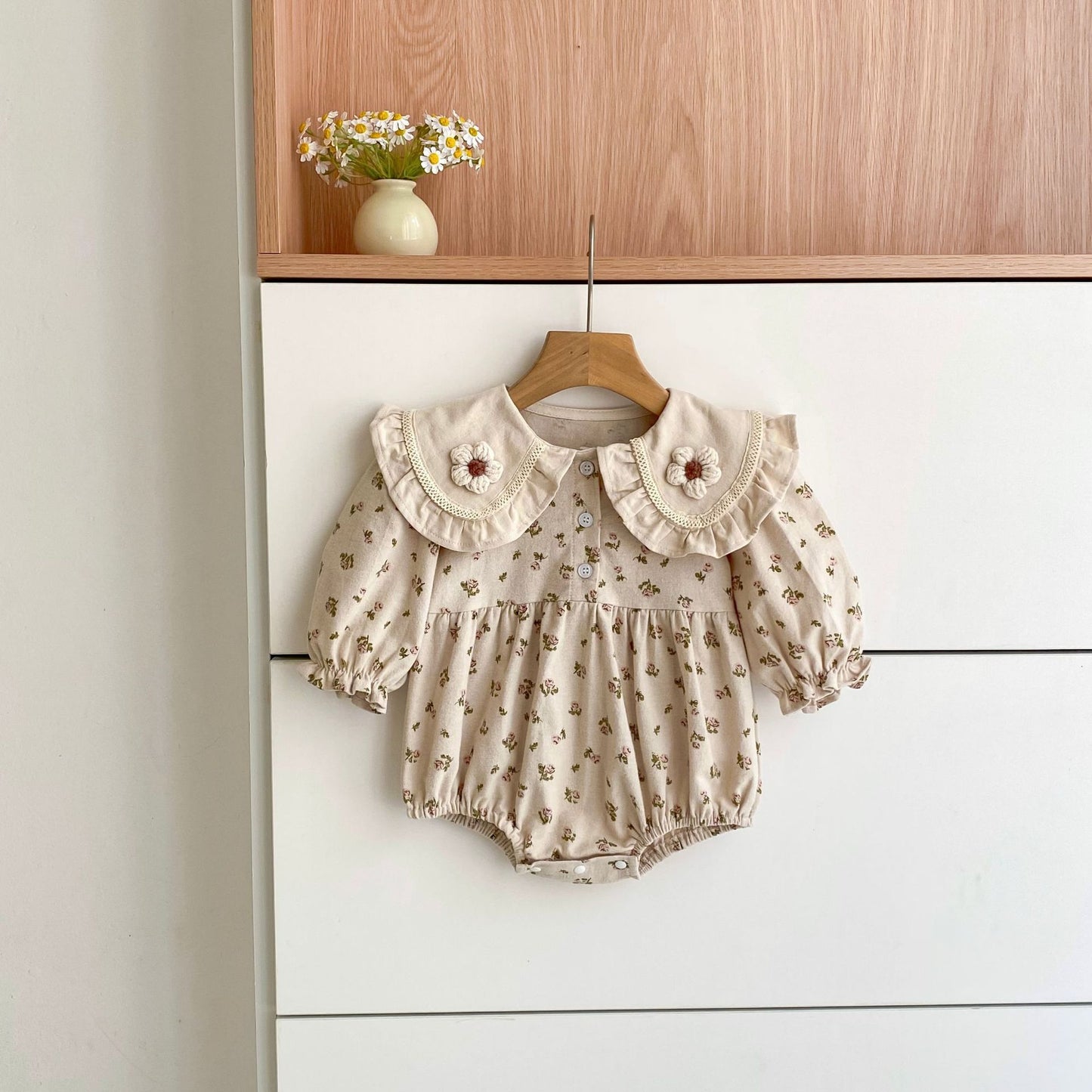 Arrival Spring and Autumn Flowers Pattern Baby Kids Girls Turn-down Collar Onesies and Dress – Princess Sister Matching Set