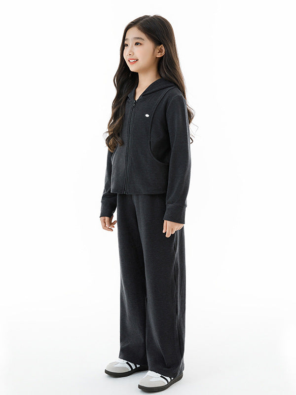 Arrival Autumn Kids Girls Long Sleeves Plain Zip-up Hoodie and Black Pants Clothing Set