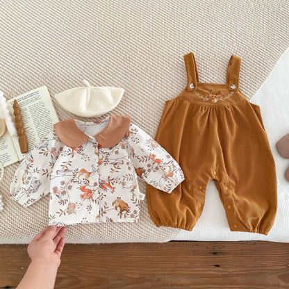 Spring and Autumn Baby Kids Unisex Flowers and Animals Pattern Long Sleeves Shirt and Sleeveless Overalls Clothing Set, MyKids-USA®, Baby & Toddler Outfits, MyKids-USA - Size/Age - 66 (3-6M) - Color - Brown -  -  - TR2510202332-A