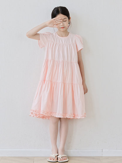 Summer Arrival Short Sleeves Patchwork Design Plain Dress for Stylish Girls