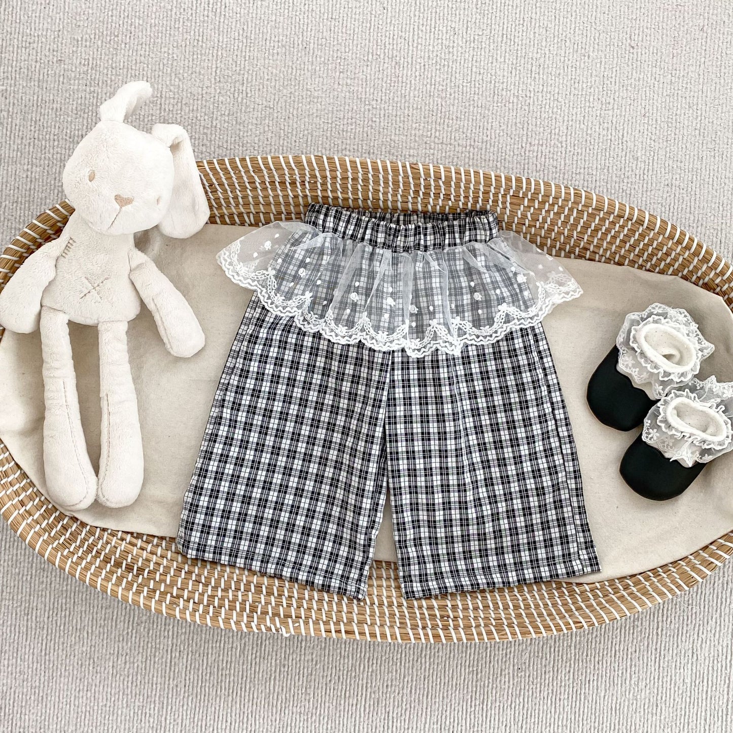 Arrival Baby Kids Girls Casual Lace Trim Plaid Pants and Solid Color T-shirt