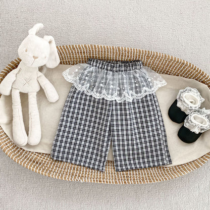 Arrival Baby Kids Girls Casual Lace Trim Plaid Pants and Solid Color T-shirt