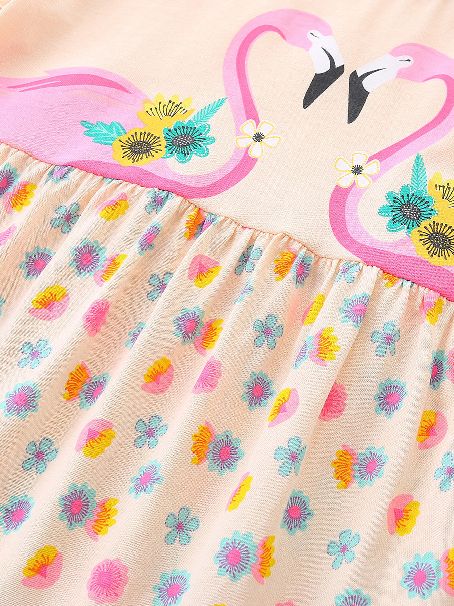 Summer Hot Selling Cute Birds Cartoon Pattern Short Sleeves Floral Dress