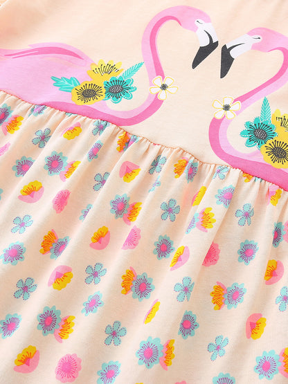 Summer Hot Selling Cute Birds Cartoon Pattern Short Sleeves Floral Dress