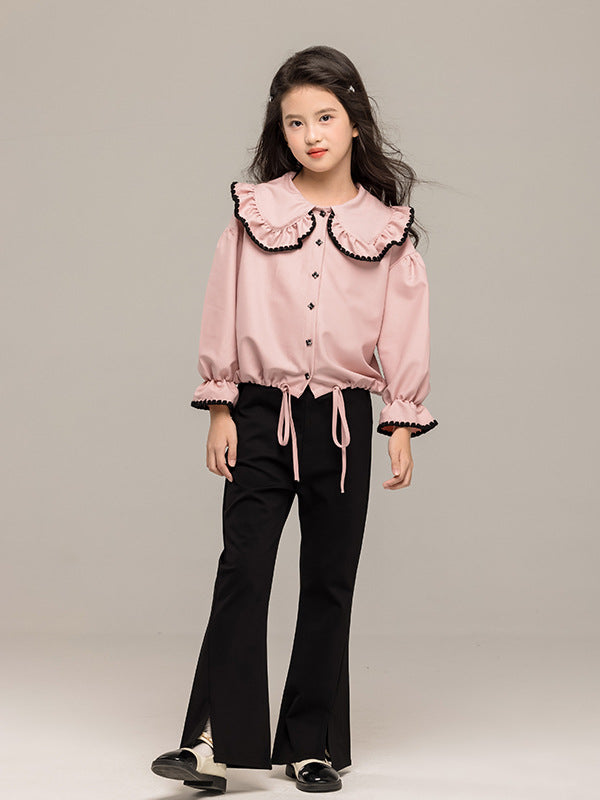 Arrival Autumn Kids Girls Long Sleeves Pink Single Breasted Top and Black Flared Pants Sets