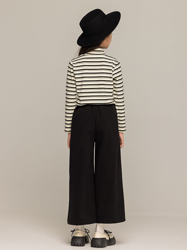 Arrival Autumn Kids Girls Long Sleeves Striped Pattern Turtle Neck Top and Black Loose Pants Sets