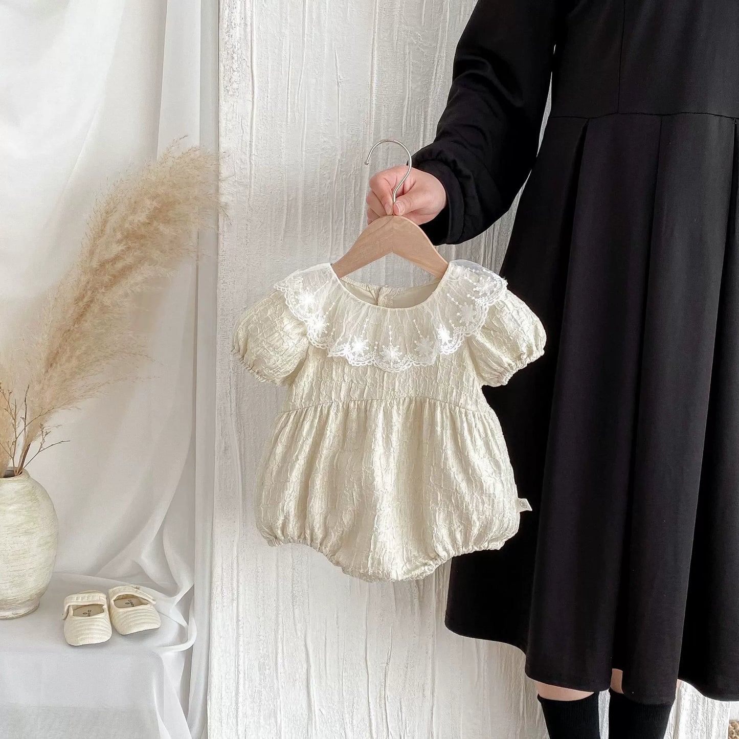 Summer Arrival Baby Girls Color Patchwork Tulle Design Collar Short Sleeves Onesies, MyKids-USA®, Baby One-Pieces, MyKids-USA - Size/Age - 66 (3-6M) - Color - Beige -  -  - TR2506182008-A