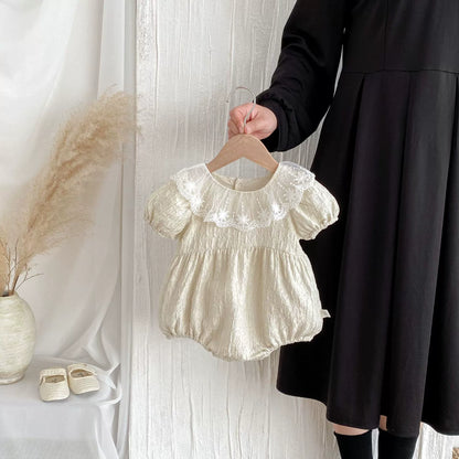 Summer Arrival Baby Girls Color Patchwork Tulle Design Collar Short Sleeves Onesies, MyKids-USA®, Baby One-Pieces, MyKids-USA - Size/Age - 66 (3-6M) - Color - Beige -  -  - TR2506182008-A