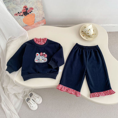 Spring Baby Kids Girls Long Sleeves Cute Cartoon Pattern Pullover and Pants Plaid Clothing Set, MyKids-USA®, Baby & Toddler Outfits, MyKids-USA - Size/Age - 73 (6-9M) - Color - Navy Blue (Dark Blue) -  -  - TR2601142316-B.