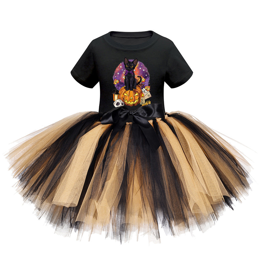 Arrival Girls’ Halloween Costume: Short Sleeves Cartoon Print Witches Cosplay Party Tulle Patchwork Dress, MyKids-USA®, Costume Dresses, MyKids-USA - Size/Age - S (1-3Y) - Color - Beige -  -  - TR2409081536.