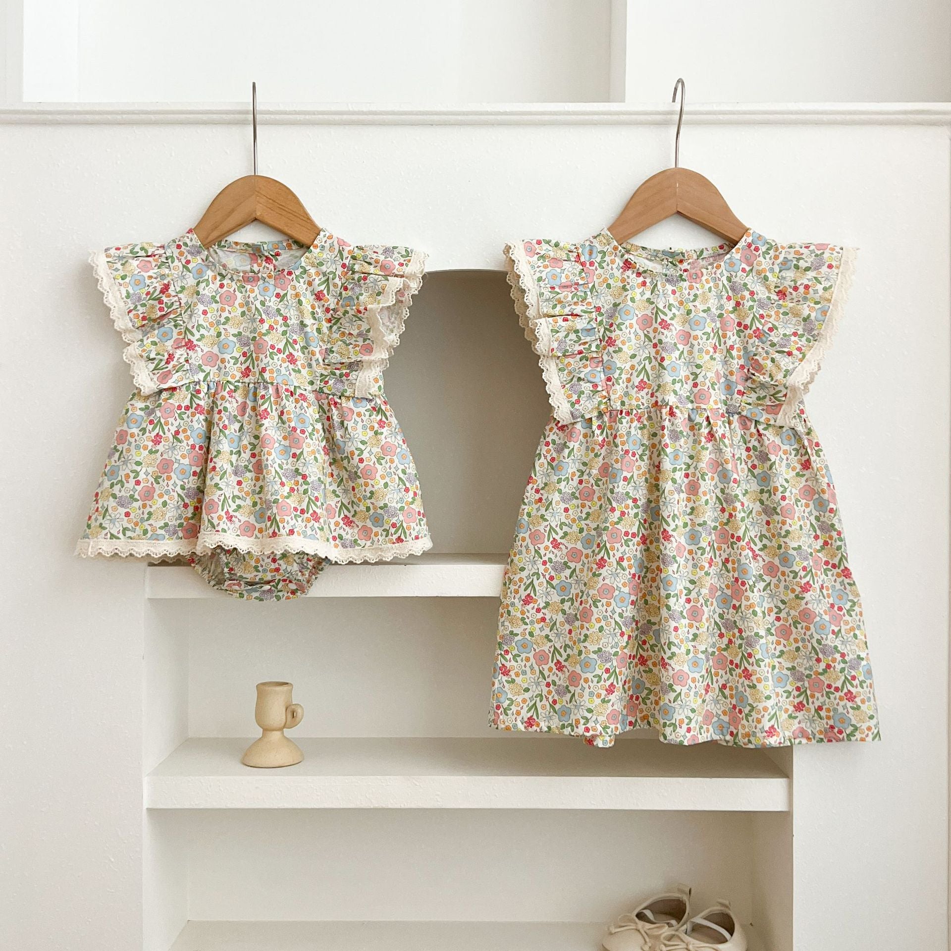 Summer Girls Flowers Pattern Lace Trim Fly Sleeves Onesies and Dress – Princess Sister Matching Set, MyKids-USA®, Baby & Children's Outfits, MyKids-USA -  -  -  -  -  -  - .