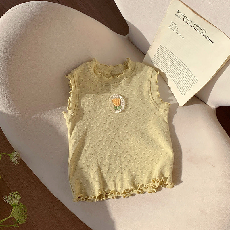 Design Girls Summer Ruffle Neck Floral Embroidered Sleeveless Top, MyKids-USA®, Baby & Toddler Tops, MyKids-USA - Size/Age - 90 (12-24M) - Color - Yellow -  -  - TR2403301745-C