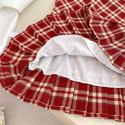 Spring and Autumn Baby Kids Girls Cherry Pattern Long Sleeves Beige Top and Plaid Sleeveless Dress Clothing Set, MyKids-USA®, Baby & Toddler Outfits, MyKids-USA -  -  -  -  -  -  - 