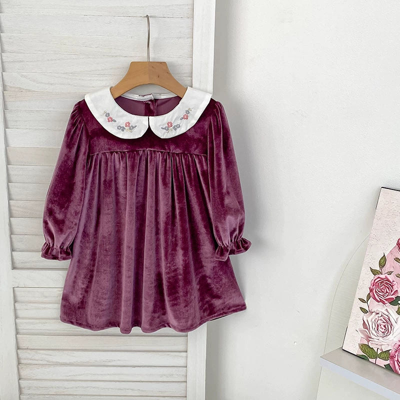 Autumn Baby Kids Girls Long Sleeves Velvet Dress with Embroidery Collar, MyKids-USA®, Baby & Toddler Dresses, MyKids-USA -  -  -  -  -  -  - 