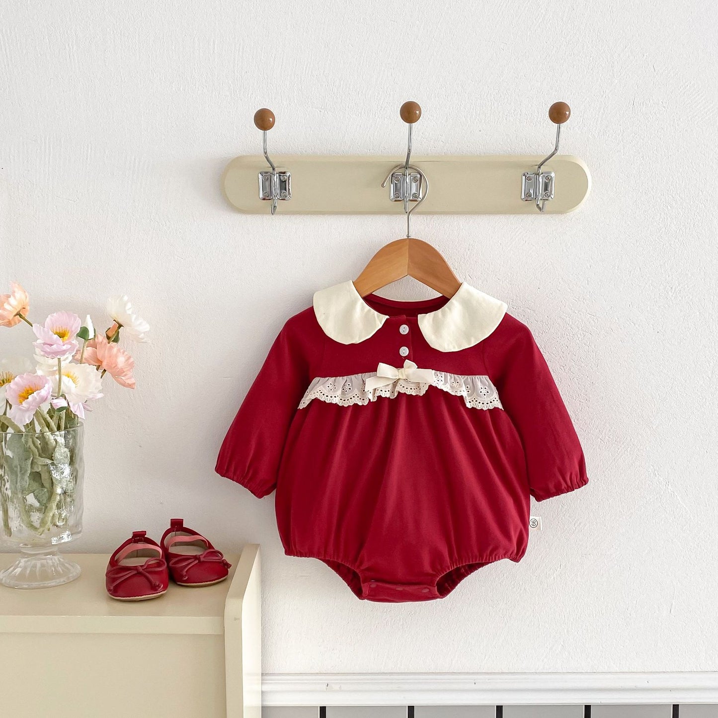 Autumn Arrival Baby Girls Long Sleeves Color Patchwork Peter Pan Collar Onesies, MyKids-USA®, Bodysuits, MyKids-USA - Size/Age - 66 (3-6M) - Color - Red -  -  - TR2510282330-A