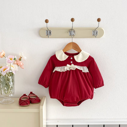 Autumn Arrival Baby Girls Long Sleeves Color Patchwork Peter Pan Collar Onesies, MyKids-USA®, Bodysuits, MyKids-USA - Size/Age - 66 (3-6M) - Color - Red -  -  - TR2510282330-A