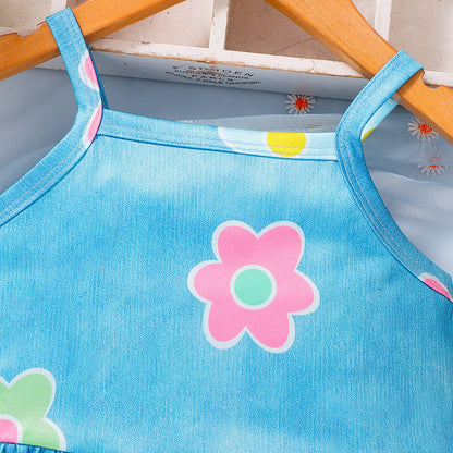 Summer Baby Kids Girls Sleeveless Flowers Pattern Vest and Pants Set