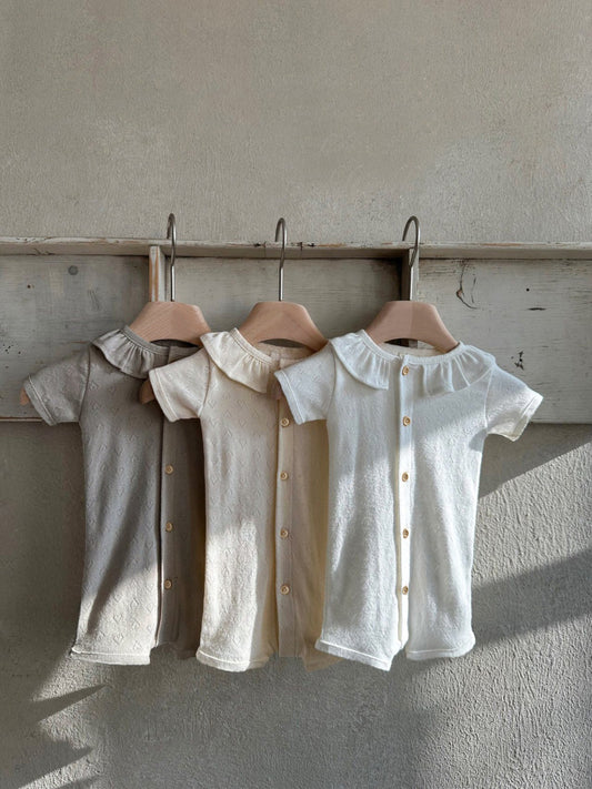Hot Selling Summer Baby Kids Short Sleeves Solid Color Heart Hollow-out Pattern Rompers