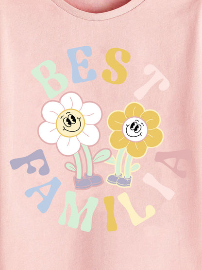 Cute Knit Round Neck Flowers And Letters Printing Girls’ T-Shirt In European And American Style For Summer