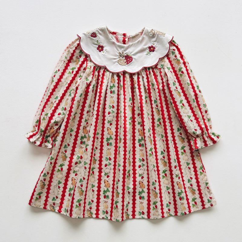 Autumn Arrival Baby Kids Girls Rabbits and Striped Pattern Long Sleeves Dress with Collar, MyKids-USA®, Baby & Toddler Dresses, MyKids-USA -  -  -  -  -  -  - 