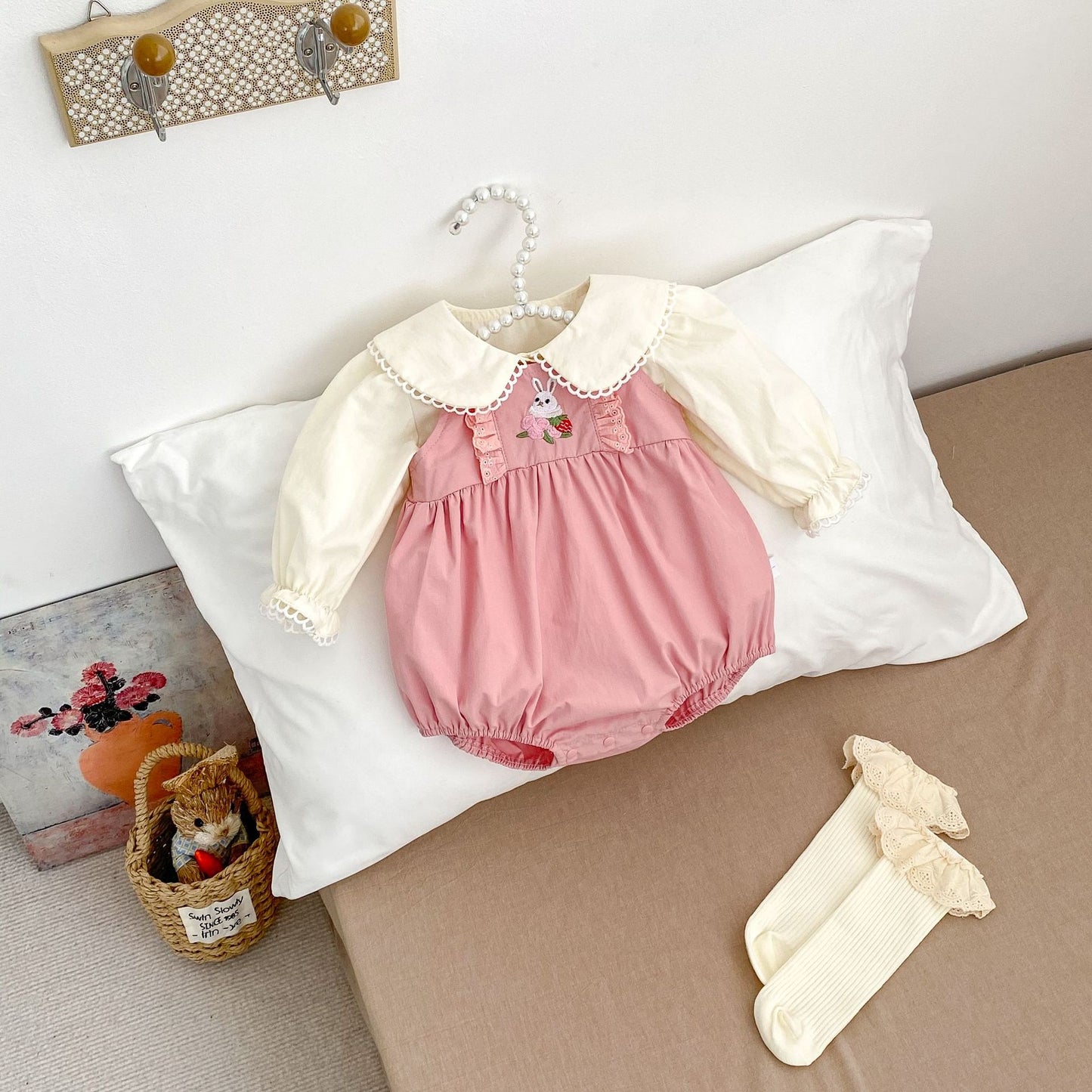 Arrival Spring Girls Long Sleeves Lace-trim Turn-down Collar Top Shirt and Sleeveless Onesies Clothing Set, MyKids-USA®, Baby One-Pieces, MyKids-USA -  -  -  -  -  -  - 