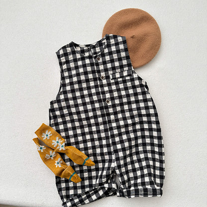 New Arrival Summer Baby Kids Unisex Black Plaid Sleeveless Single Breasted Cotton Romper