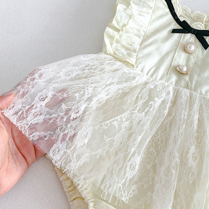 Summer Arrival Baby Girls Sleeveless Flowers Pattern Tulle Patchwork Bodysuit Dress