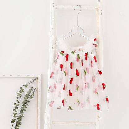 Summer Baby Kids Girls Sleeveless Floral and Fruits Pattern Tulle Strap Dress, MyKids-USA®, Baby & Children's Dresses, MyKids-USA - Size/Age - 80 (9-12M) - Color - Red -  -  - TR2605232046-D.