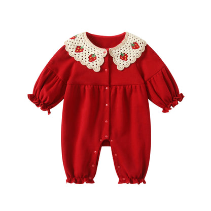 Arrival Spring Baby Girls Red Single Breasted Long Sleeves Rompers with Strawberry Pattern Collar, MyKids-USA®, Baby One-Pieces, MyKids-USA -  -  -  -  -  -  - .