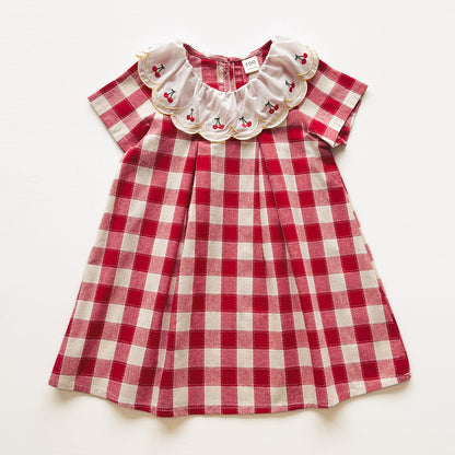Summer Arrival Baby Girls Short Sleeves Cherry and Plaid Pattern Dress, MyKids-USA®, Baby & Children's Dresses, MyKids-USA - Size/Age - 90 (12-24M) - Color - Red -  -  - TR2604062323-A.