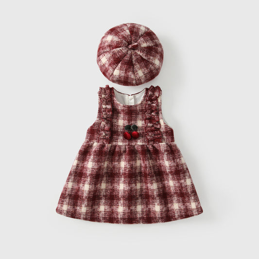 Winter Arrival Baby Kids Girls Cute Cherry and Plaid Pattern Sleeveless Dress with Hat, MyKids-USA®, Baby & Toddler Dresses, MyKids-USA - Size/Age - 80 (9-12M) - Color - Red -  -  - TR2510122303-A