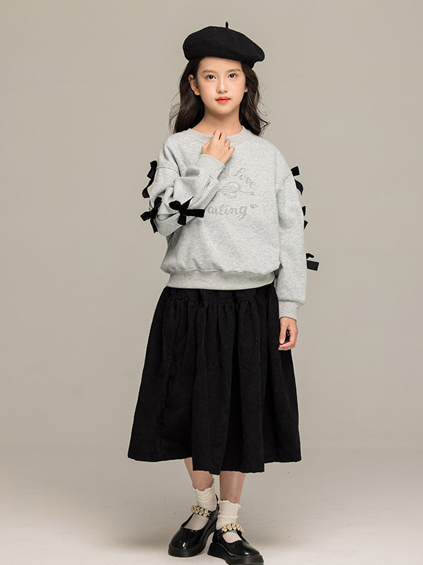 Arrival Autumn Kids Girls Long Sleeves Letters and Butterfly-bow Pattern Sweatshirt and Black Skirt