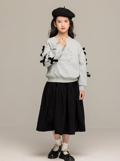 Arrival Autumn Kids Girls Long Sleeves Letters and Butterfly-bow Pattern Sweatshirt and Black Skirt