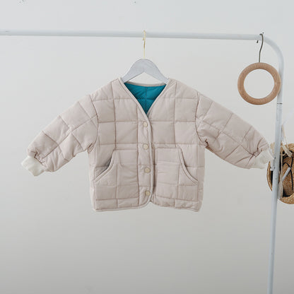 Kids Unisex Solid Color Plaid V Neck Long Sleeves Single Breasted Coat